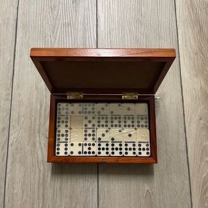 NEVER BEEN USED DOUBLE 9 DOMINOES IN EXECUTIVE BROWN BOX.